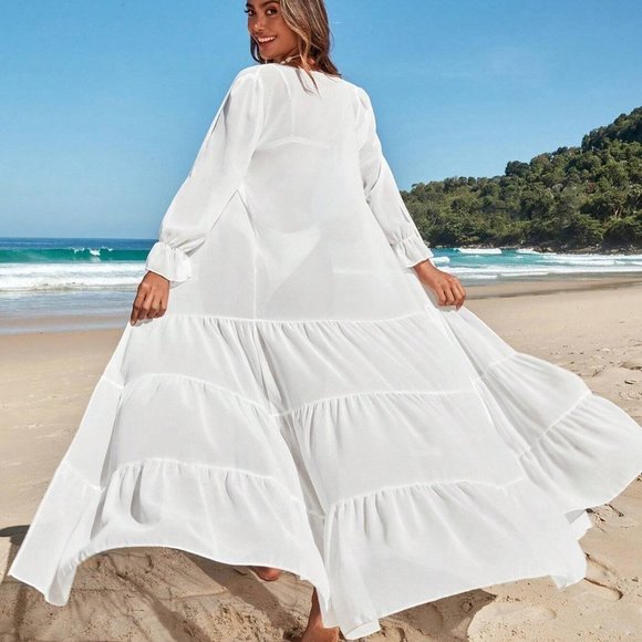 Ruffle Hem Sheer Mesh Kimono top - Picture 2 of 5